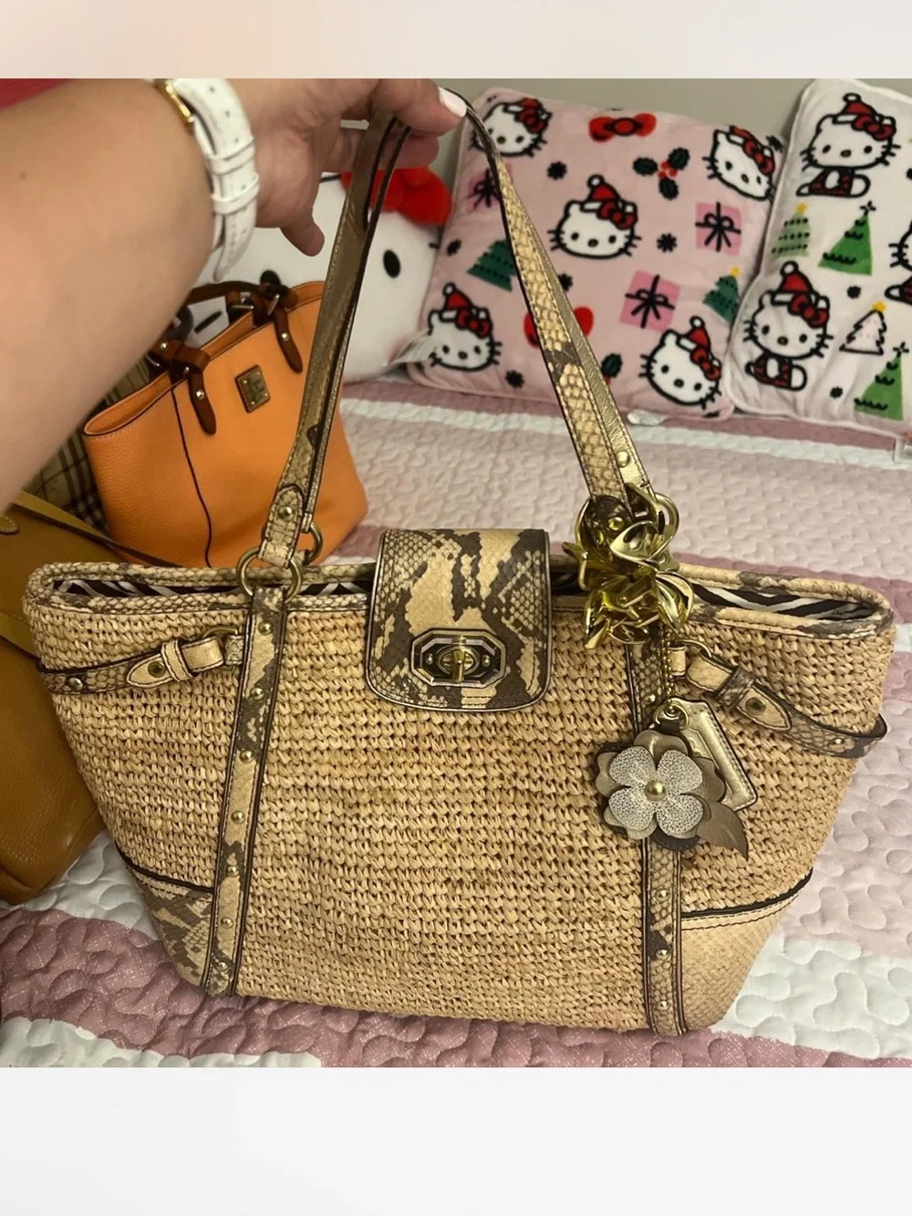 Coach Straw Tote with Snake-Print Trim and Flower Charm - Natural